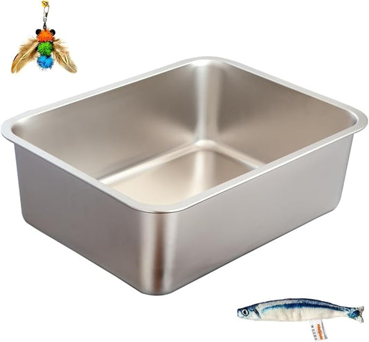 Stainless Steel Cat Litter Box Set, Includes Catnip Fish Toy & Wand Feather Toy by miwooim