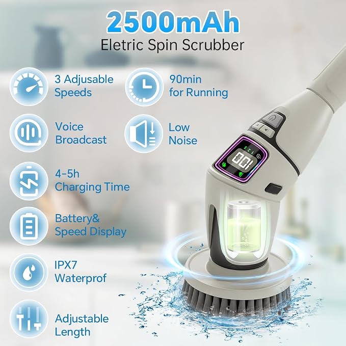 10-in-1 Electric Spin Scrubber for Cleaning, Voice Broadcast Rechargeable Power - Image 2