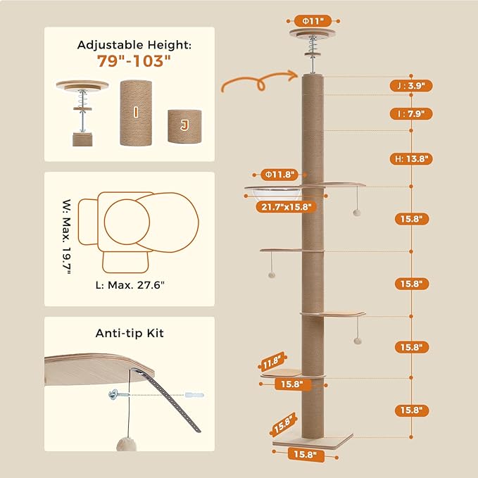 PETEPELA Floor to Ceiling Cat Tree, Adjustable Height Solid Wooden Tall Cat - Image 2