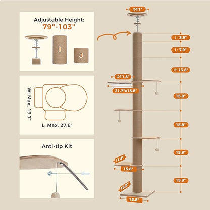 PETEPELA Floor to Ceiling Cat Tree, Adjustable Height Solid Wooden Tall Cat - Image 2
