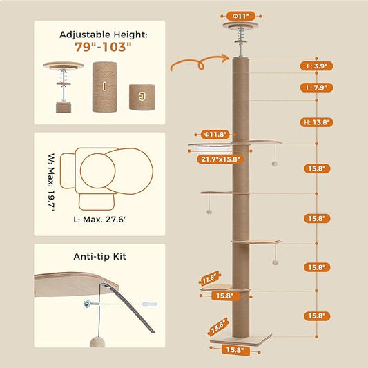 PETEPELA Floor to Ceiling Cat Tree, Adjustable Height Solid Wooden Tall Cat - Image 2