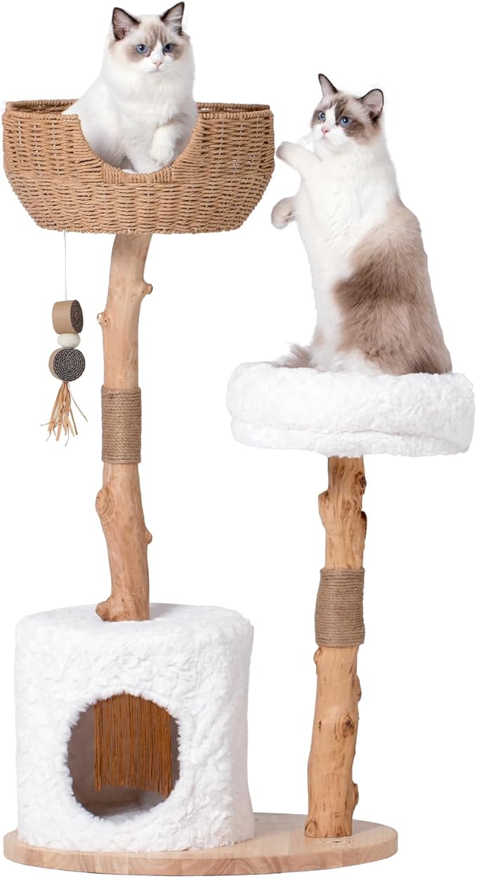Cat Tree Tower with Two Real Branches, 44 INCH Wood Modern Cat Tower with by PEGIC