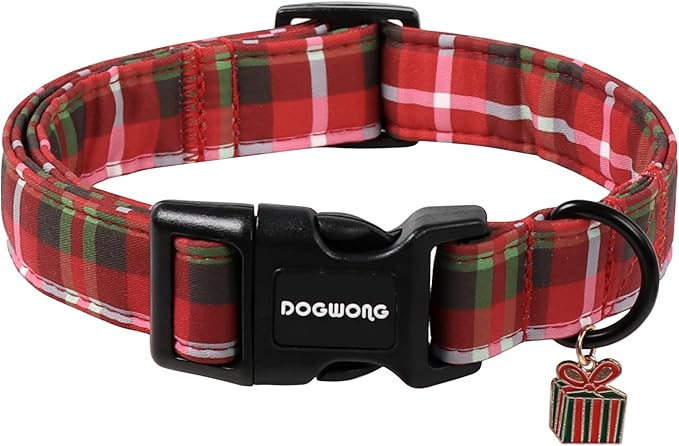 DOGWONG Christmas Plaid Dog Collar, Cute Adjustable Red Collar by DOGWONG