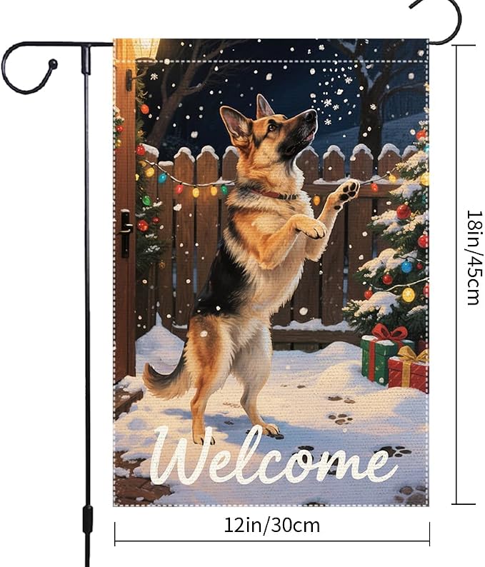German Shepherd Welcome Garden Flag 12x18 Inch Double Sided Winter Christmas - Image 3