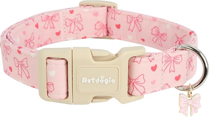 Pink Bow Dog Collar, Adjustable Cotton Dog Collar by Unknown