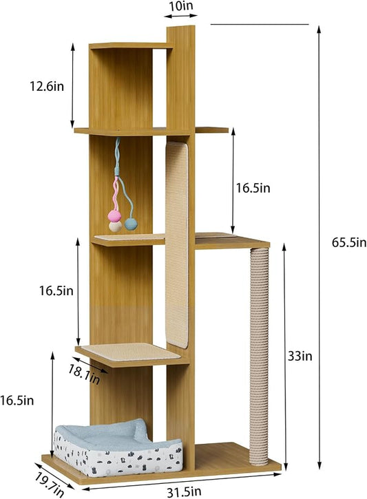 PAKASEPT 65.5" Tall Cat Tree, Cat Bed, Cat Balls, Freestanding Wooden Cat - Image 2