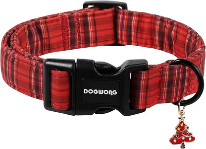 DOGWONG Christmas Plaid Dog Collar, Cute Adjustable Red Collar by DOGWONG