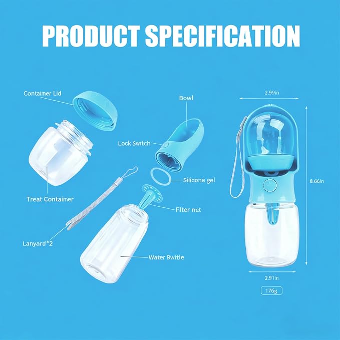 2-in-1 Dog Water Bottle with Food Container - 10oz Leak-Proof Travel Water - Image 2