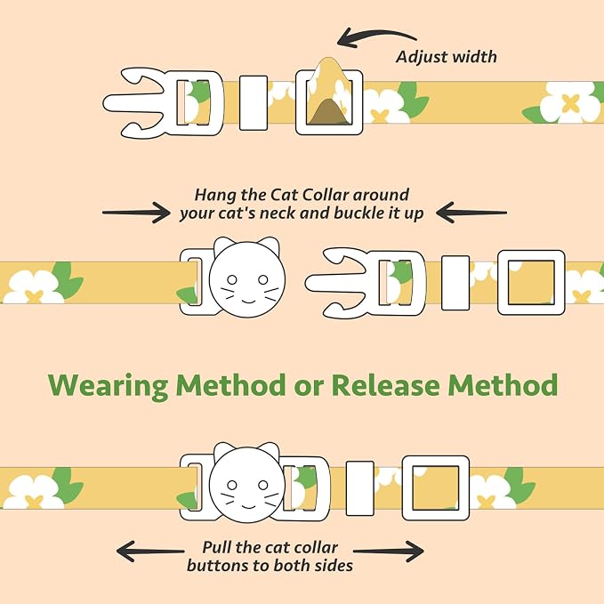 2 Pack Cotton Breakaway Cat Collar Green and Yellow Flowers Pendant Cute Kitten - Image 7