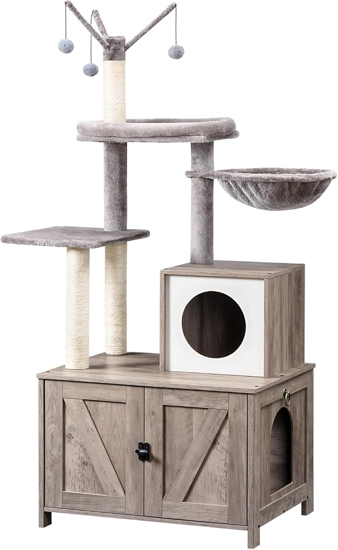 HOOBRO Cat Tree Tower with Litter Box Enclosure Indoor, Wooden Cat Condo with by HOOBRO