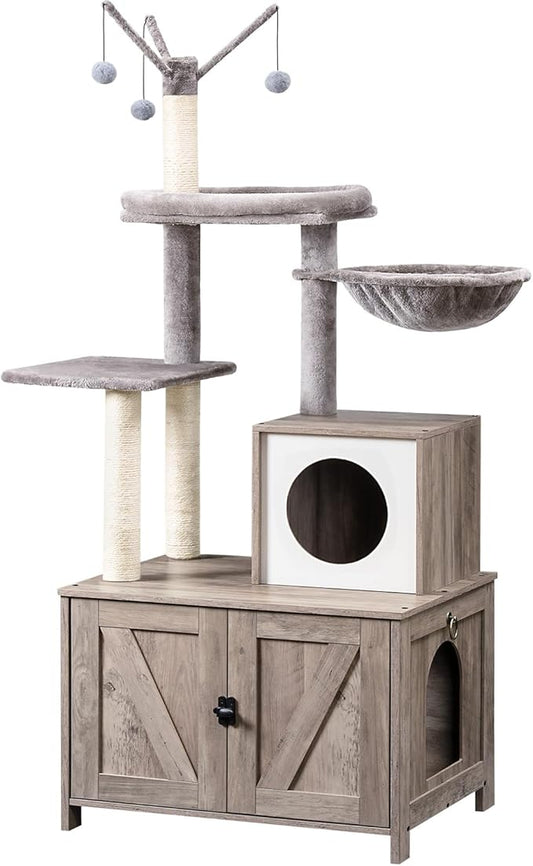 HOOBRO Cat Tree Tower with Litter Box Enclosure Indoor, Wooden Cat Condo with by HOOBRO