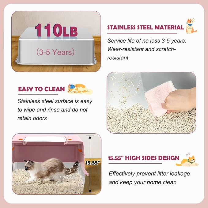 Vivifying Pink Stainless Steel Covered Cat Litter Box – Odor-Control, - Image 6