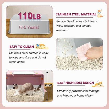 Vivifying Pink Stainless Steel Covered Cat Litter Box – Odor-Control, - Image 6
