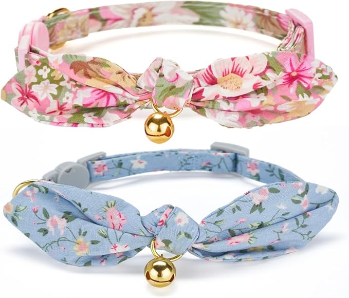 Cotton Bowtie Cat Collar with Bell 2 Pack Stylish Floral Breakaway Kitten by YUDOTE
