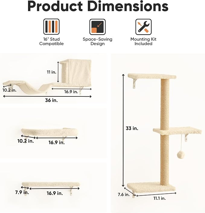 FUKUMARU Cat Wall Shelves, Stable & Safe 4 in 1 Large Cat Walls Furniture Set - Image 5