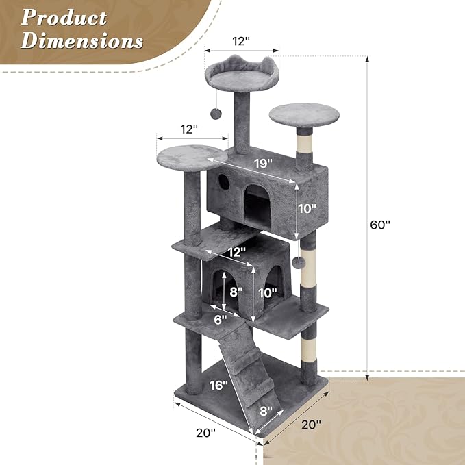Athena Collection Cat Tree, 62 Inch Cat Tree Tower - Image 2