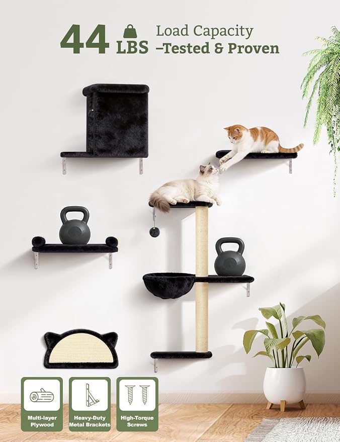 5-in-1 Cat Wall Shelves, Solid Wood & Velvet & Sisal Scratcher, 44lbs Max Load - Image 4