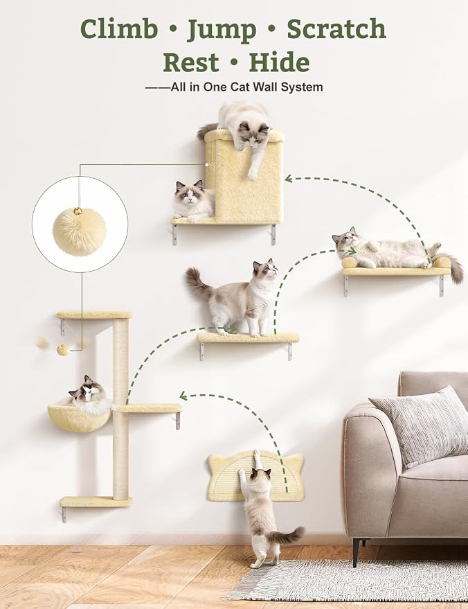 5-in-1 Cat Wall Shelves, Solid Wood & Velvet & Sisal Scratcher, 44lbs Max Load - Image 2