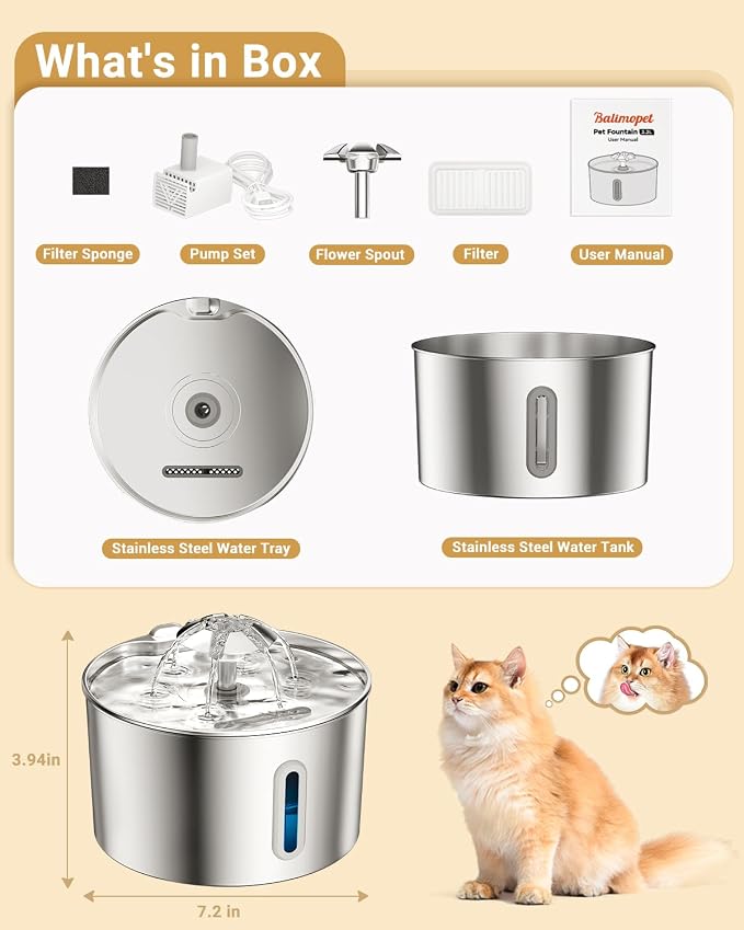 Cat Water Fountain Stainless Steel - 74oz/2.2L Corded Pet Water Dispenser - Image 7
