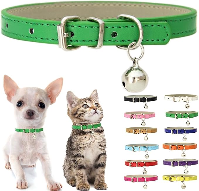 Green XXS Dog Collar with Bell, Soft Pu Leather Cat Collars Adjustable Buckle by Weimostar