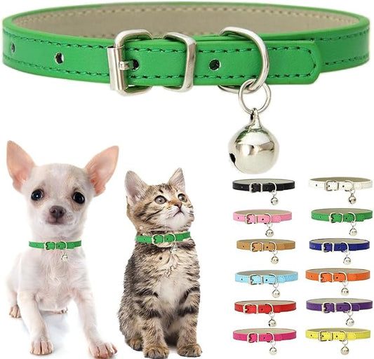 Green XS Dog Collar with Bell, Soft Pu Leather Cat Collars Adjustable Buckle by Weimostar