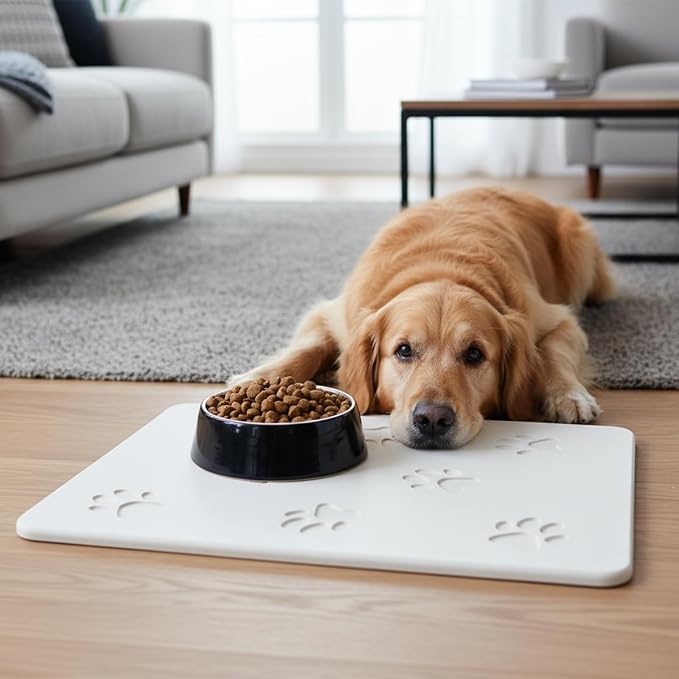 White Diatomaceous Earth Dog Bowl Mat | Non-Slip Pet Food & Water Mat | Square - Image 4