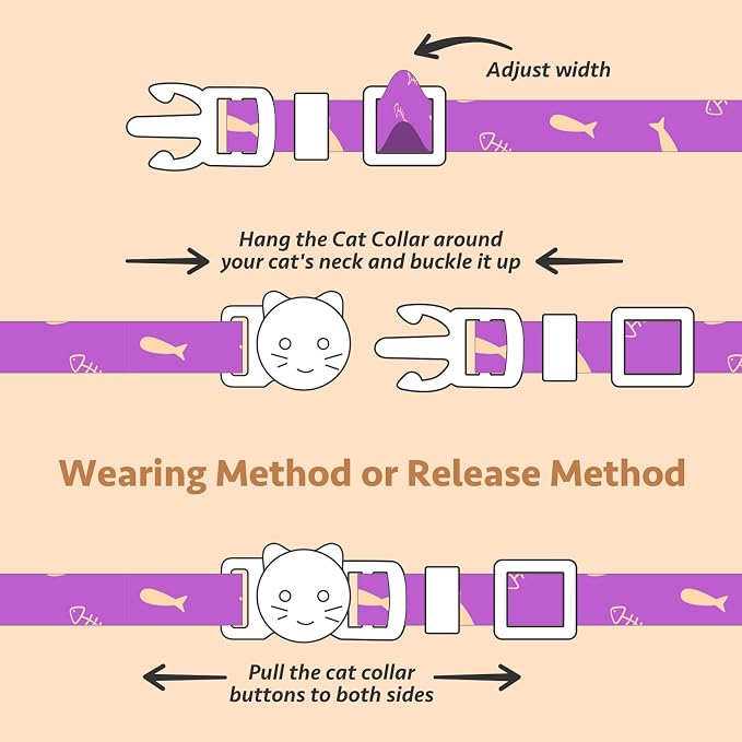 2 Pack Cotton Breakaway Cat Collar Orange and Purple Fish Pendant Cute Kitten - Image 7