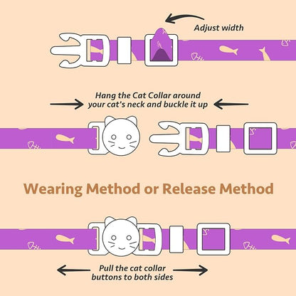 2 Pack Cotton Breakaway Cat Collar Orange and Purple Fish Pendant Cute Kitten - Image 7
