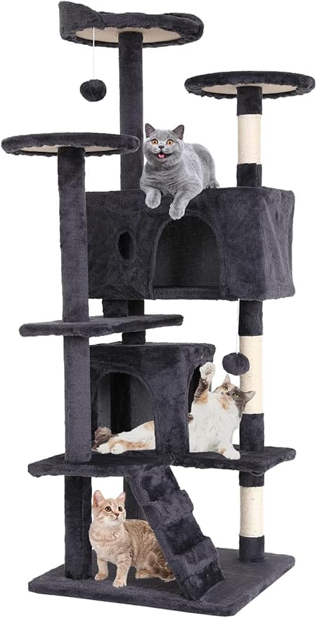 Large Cat Tree with Scratching Post, Wooden Frame, Sisal Ropes, 3 Platforms by Home