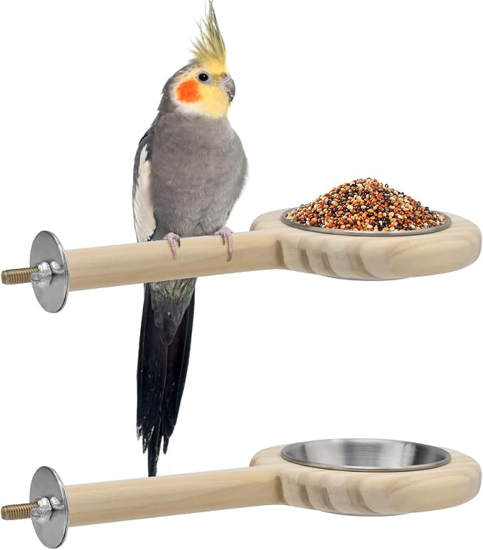 KATUMO Bird Perch Feeding Cup Birds Platform Parrot Wood Perch Stand Toy Cage by KATUMO