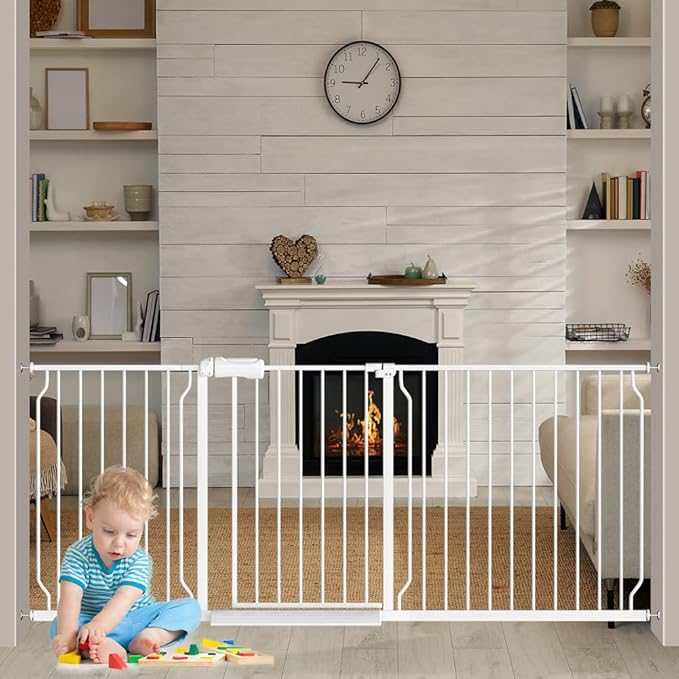 Extra Wide Baby Gates 71.5-76.3 Inch White Pressure Mounted Baby Gate Indoor by FlowerFrail