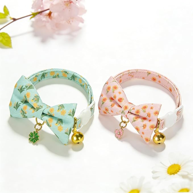 2 Pack Floral Cat Collars with Bow Tie and Bell Adjustable Breakaway Bowtie - Image 3