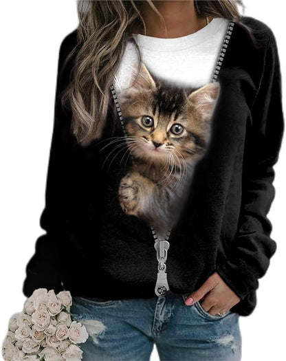 ShallWe Women's Active Sweatshirts Cute Cat Pullover Crewneck Lightweight by ShallWe