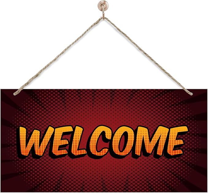 Welcome Sign for Front Door, Front Door Wooden Hanging Sign, Comic Style by corner+wind