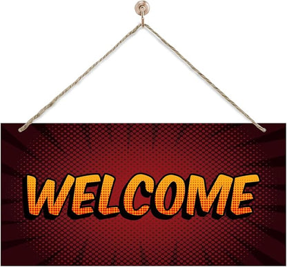Welcome Sign for Front Door, Front Door Wooden Hanging Sign, Comic Style by corner+wind