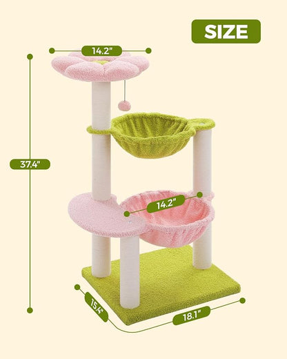 Flower Cat Tree with 2 Large Hammocks, 37.4" Small Cat Tower - Image 7