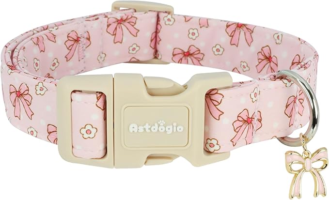 Pink Bow Dog Collar with Flower, Adjustable Cotton Puppy Collar, Cute Girl Boy by Unknown