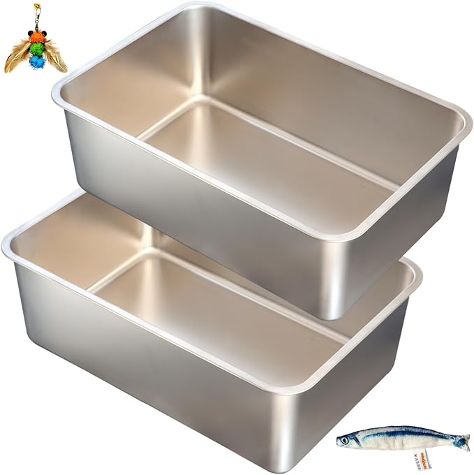 2-Pack XXL Stainless Steel Cat Litter Boxes, Includes Catnip Fish Toy & Wand by miwooim