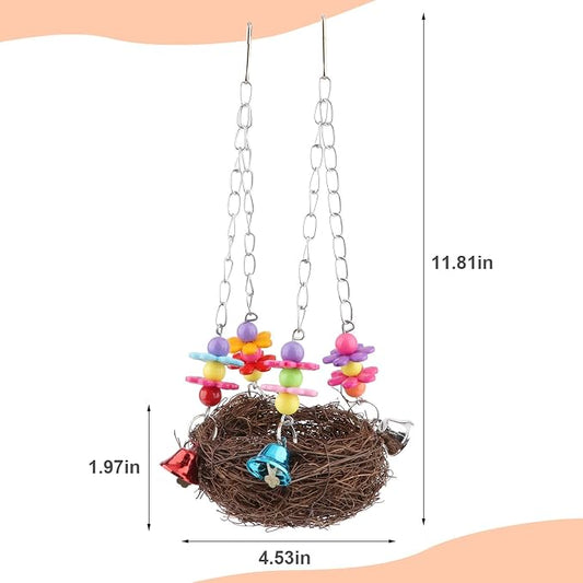 Hypeety Natural Rattan Nest Bird Swing Toy Colorful Flowers Bells - Image 2
