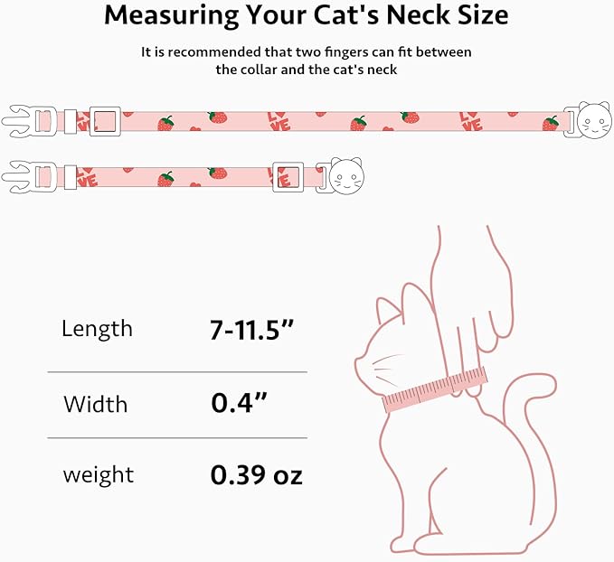2 Pack Cotton Breakaway Cat Collar Pink Strawberries and White Heart Shaped - Image 3