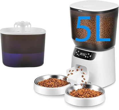 Automatic Cat Feeder and Water Fountain, 5L/20 Cups Timed Cat Dry Food Dispenser by CORGOTE