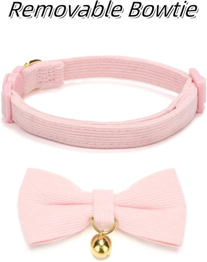 Soft Corduroy Cat Collar with Bell and Bowtie, Safety Breakaway Clasp, - Image 2