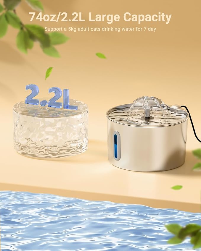 Cat Water Fountain Stainless Steel - 74oz/2.2L Pet Gift Dog Water Dispenser - Image 2