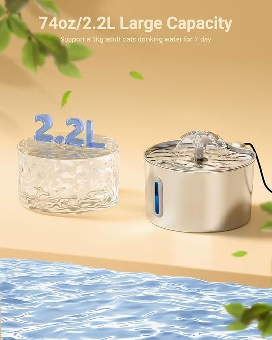 Cat Water Fountain Stainless Steel - 74oz/2.2L Pet Gift Dog Water Dispenser - Image 2