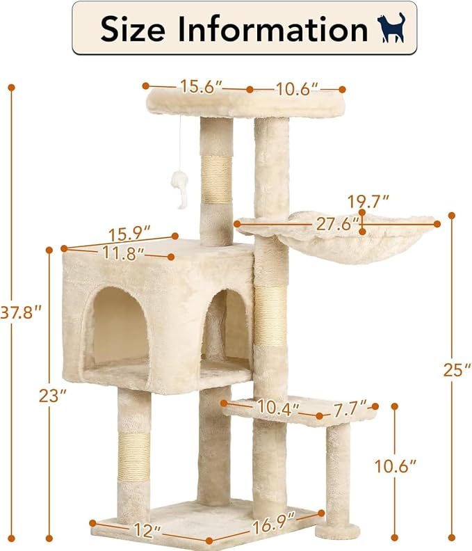 BestPet | 37" Cat Tree Tower | Beige | Sturdy Multi-Level Cat Tree - Image 6