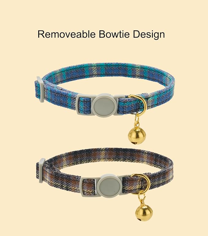 Cotton Bowtie Cat Collar with Bell 2 Pack Plaid Breakaway Kitten Collars with - Image 6