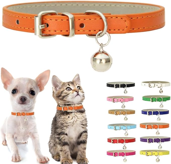 Orange XS Cat Collar with Bell, Soft Pu Leather Dog Collars Adjustable Buckle by Weimostar