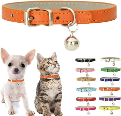 Orange Puppy Collar with Bell, Soft Pu Leather Cat Collars Adjustable Buckle by Weimostar