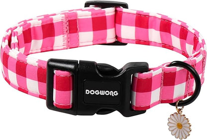 DOGWONG Pink Checkered Dog Collar, Cute Pink Plaid Dog Collars, Adjustable Girl by DOGWONG