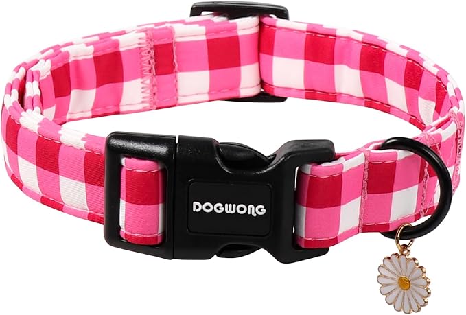 DOGWONG Pink Checkered Dog Collar, Cute Pink Plaid Dog Collars, Adjustable Girl by DOGWONG